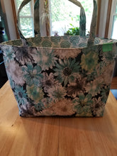 Medium Tote Bag - Green, Tan, Black flowers/green fountain like flower