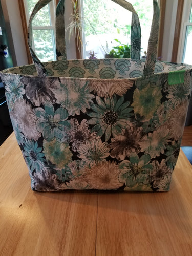 Medium Tote Bag - Green, Tan, Black flowers/green fountain like flower