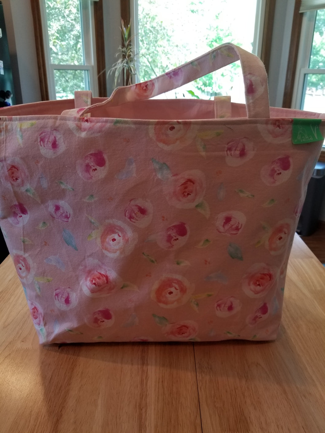 Large Tote Bag - Pink, peach, fuchsia flowers/Pink inside