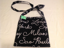 Sale - Cross-body purse, black with city names/red geometric inside
