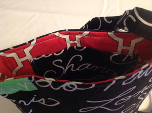 Sale - Cross-body purse, black with city names/red geometric inside