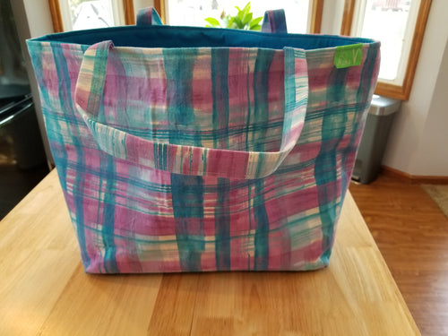 Large Tote bag - Pink and blue plaid/blue inside
