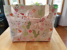 Medium Tote bag - Light Grey Llamas/dark blue green cactus inside