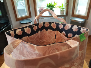 Large Tote bag - pink roses/navy pink splashes inside