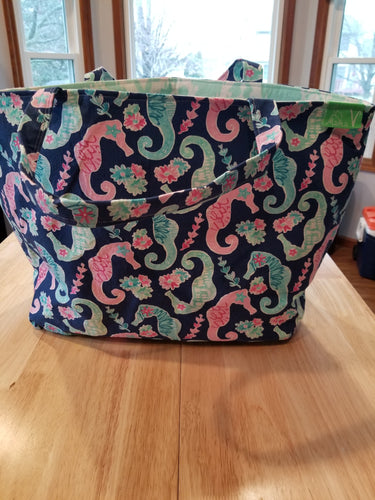 Large Tote bag - Seahorses/mint print
