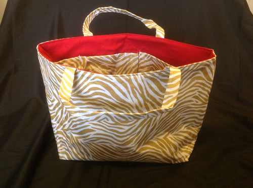 Medium Tote Bag - Gold Zebra with Red inside
