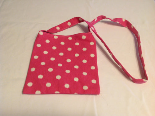 Sale - Cross-body purse, pink polka dot/gray chevron inside