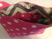 Sale - Cross-body purse, pink polka dot/gray chevron inside